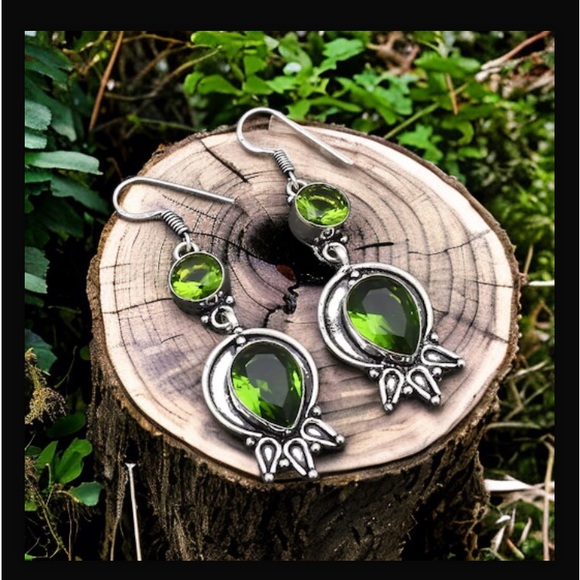 Peridot Handcrafted Drop Dangle Hook Style Earrings 2.32" Long Made In India NWT - Picture 2 of 16